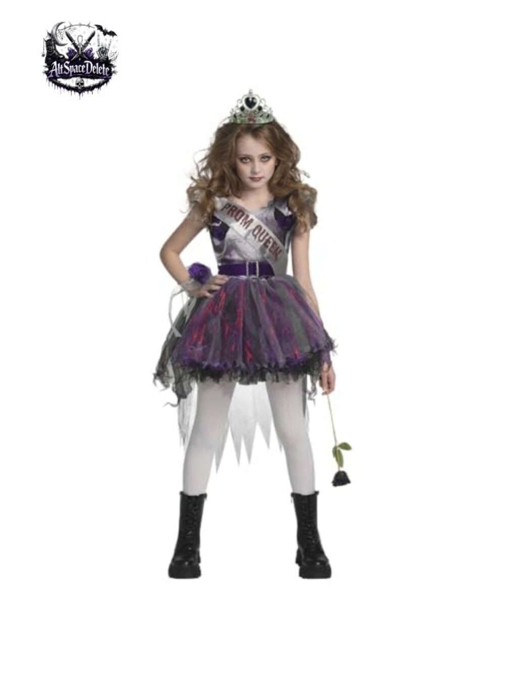 Girls Zombie Prom Queen Costume 6-Piece Set Polyester Dress Tiara Sash